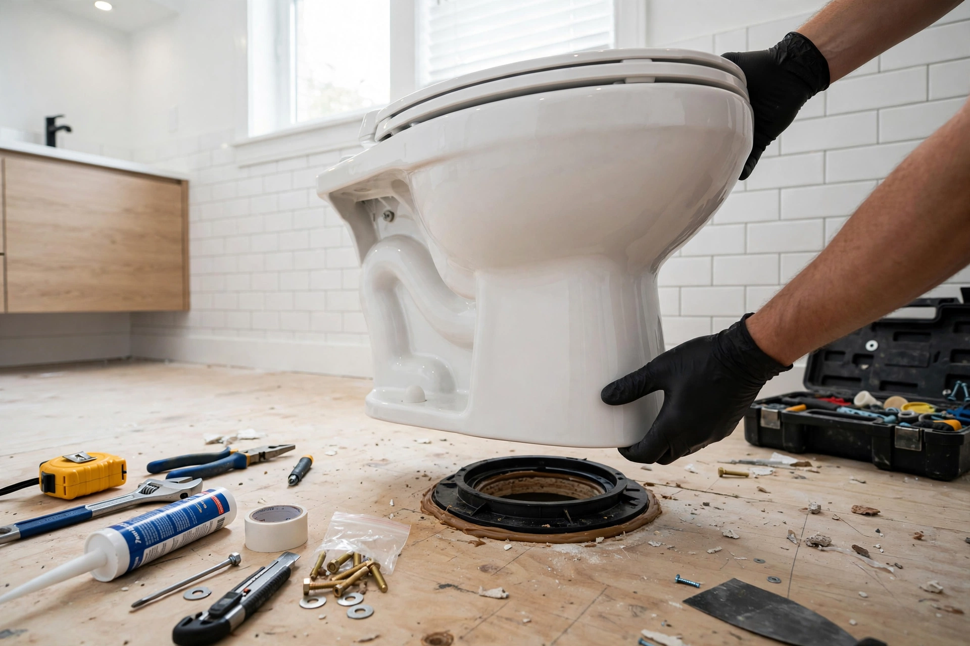 Toilet lifted for flange and seal inspection