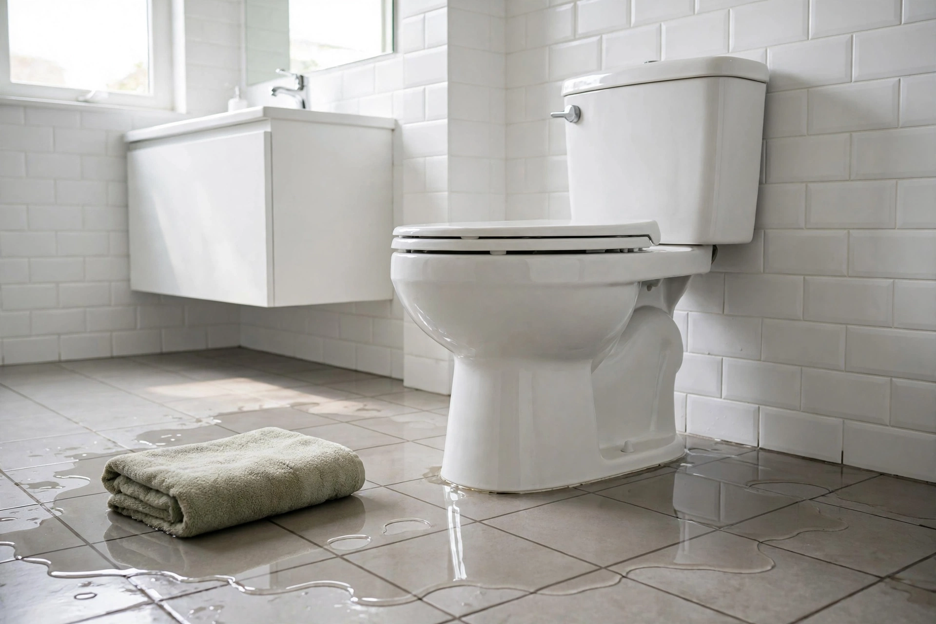 Water on the floor around an overflowing toilet